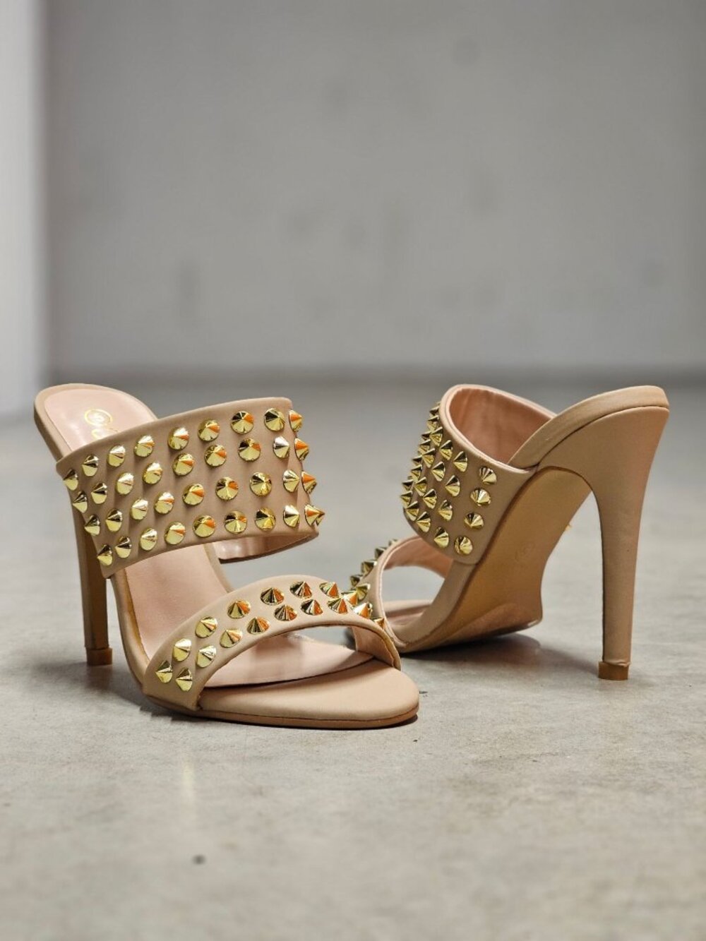 Studded Nude High Heel Slide Sandals - Picture 3 of 14